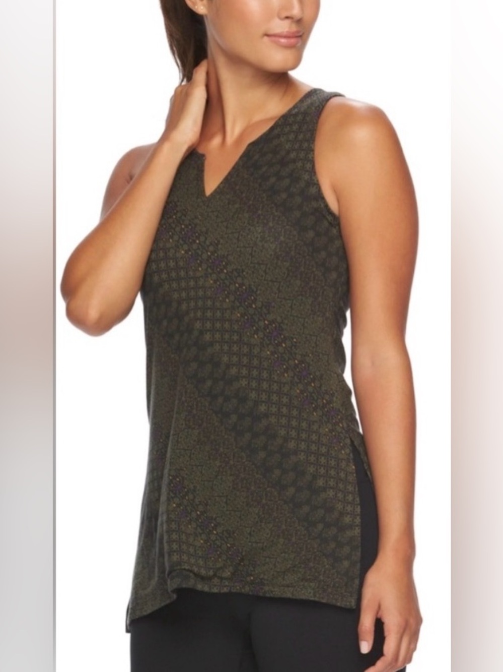 GAIAM Yoga Green Patterned V-Neck Sleeveless Tank Medium